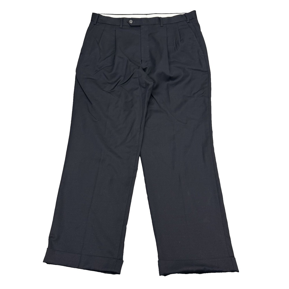 Ralph Lauren Pleated Cuffed‎ Trousers Mens 36x30 Navy Blue Label 100% Wool